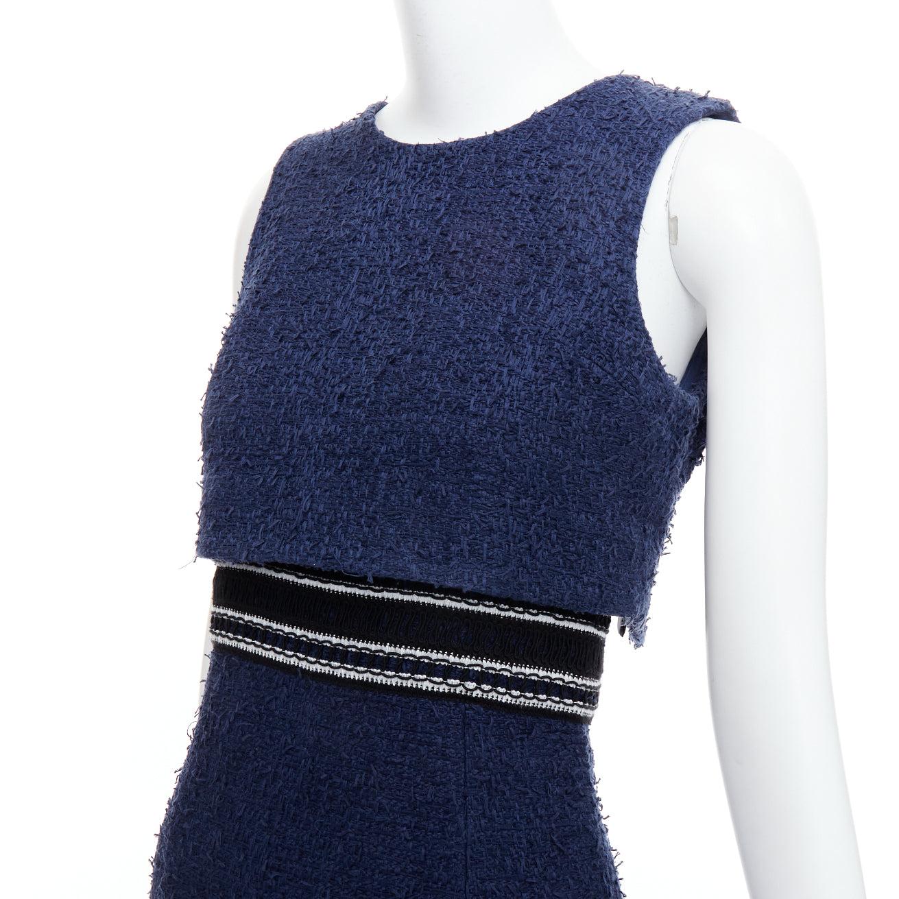 OSCAR DE LA RENTA 2017 vestido a capas de tweed en mezcla de algodón azul marino US0 XS en venta 3
