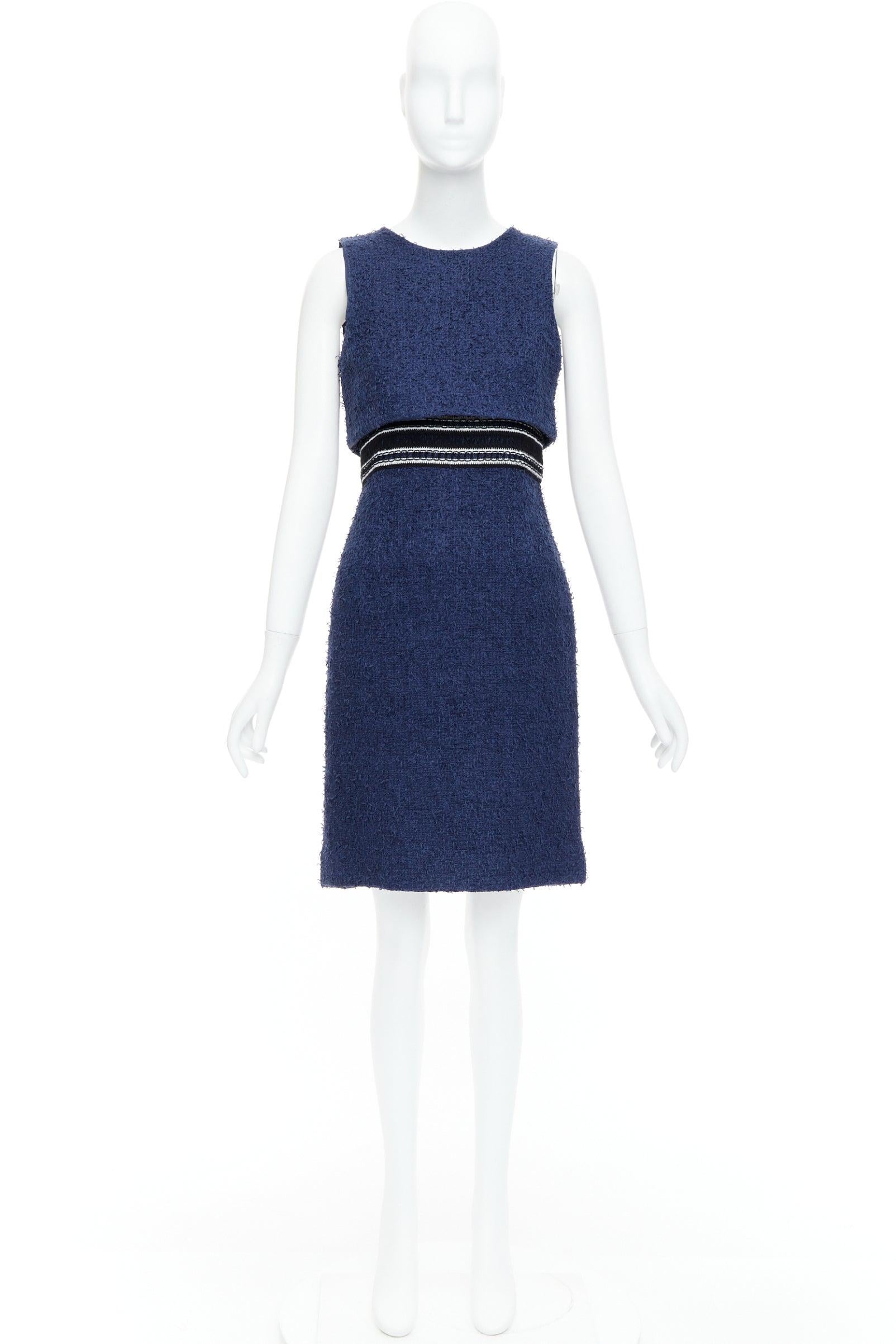 OSCAR DE LA RENTA 2017 vestido a capas de tweed en mezcla de algodón azul marino US0 XS en venta 5