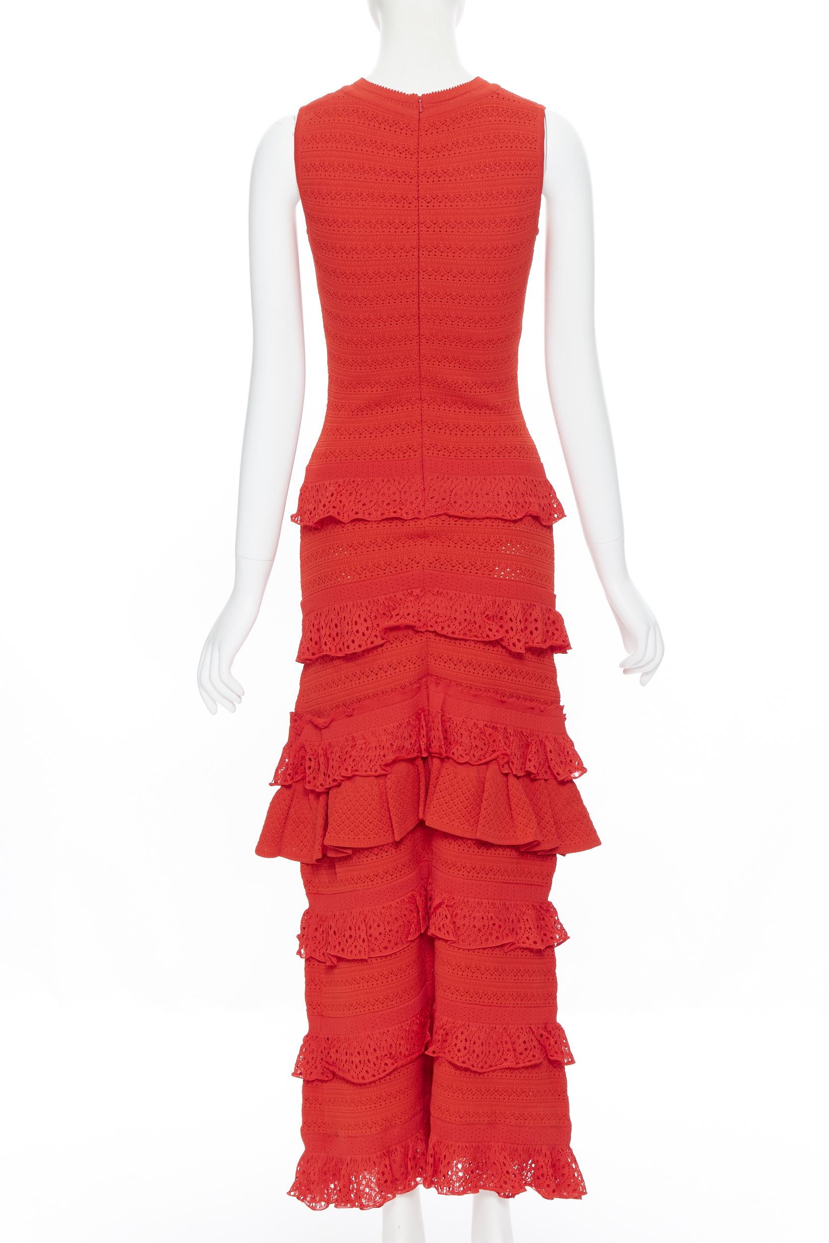 Red OSCAR DE LA RENTA 2017 red knitted tiered ruffle trimevening gown dress XS