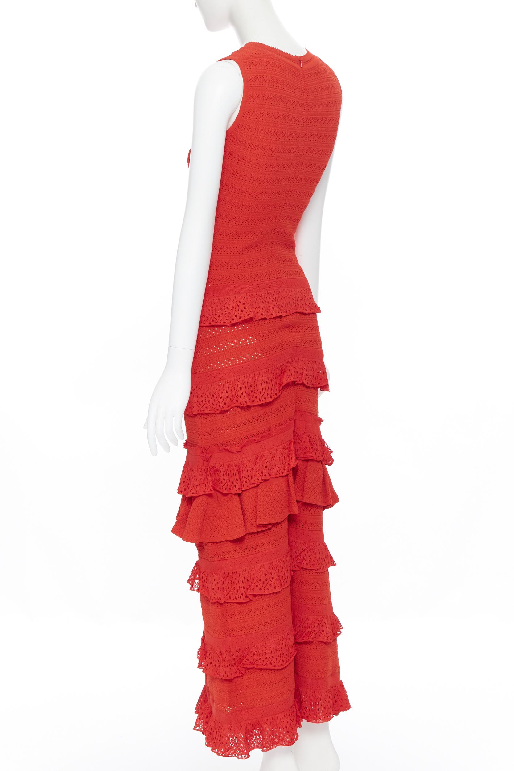 Women's OSCAR DE LA RENTA 2017 red knitted tiered ruffle trimevening gown dress XS