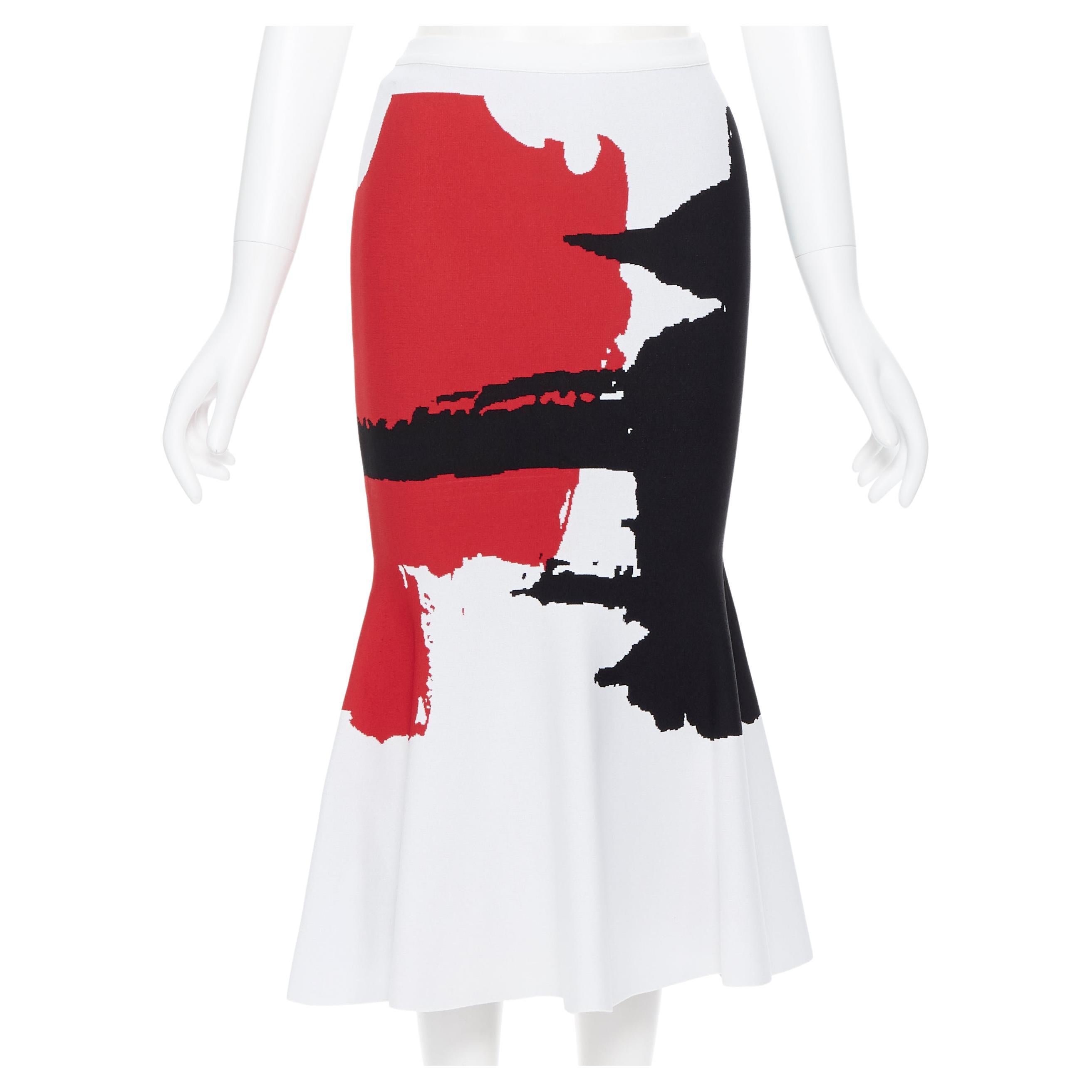 OSCAR DE LA RENTA 2017 viscose white red black jacquard knit flared skirt XS