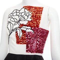 Oscar De La Renta 2018 crema, nero, seta, rosa, con corpetto di paillettes e abito svasato US4 S