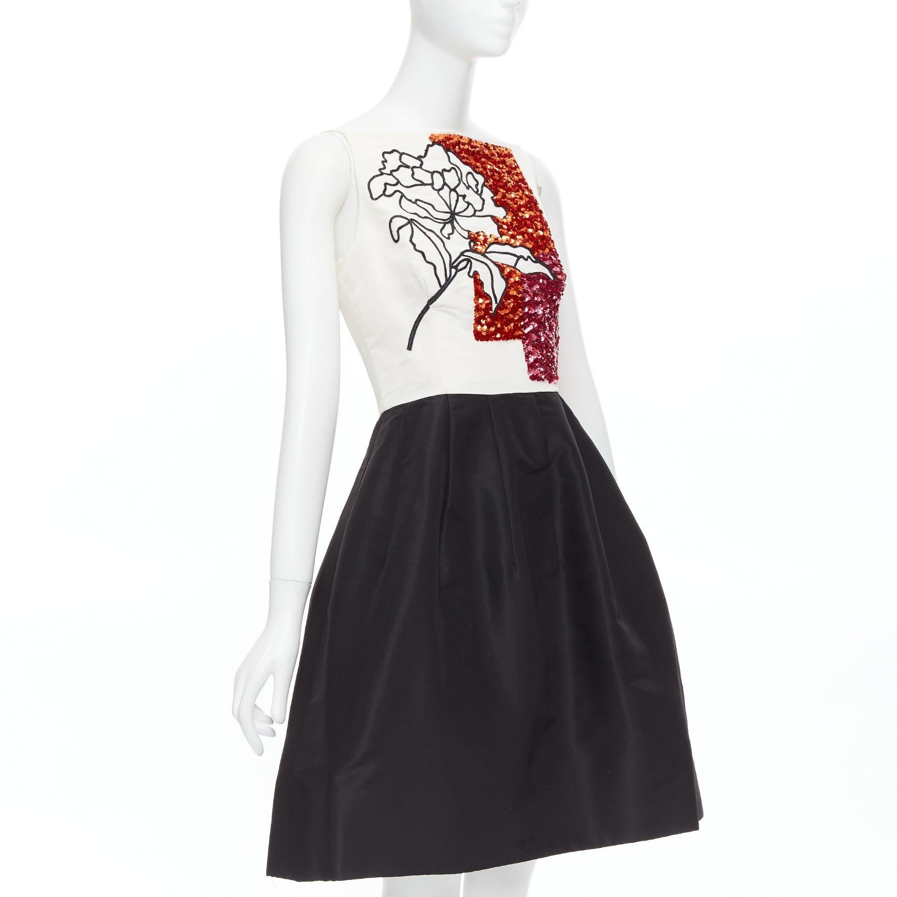 Black OSCAR DE LA RENTA 2018 cream black silk pink sequined bodice flared dress US4 S For Sale