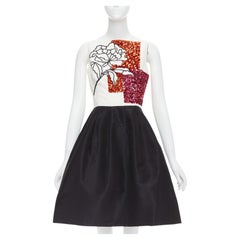Oscar De La Renta 2018 crema, nero, seta, rosa, con corpetto di paillettes e abito svasato US4 S