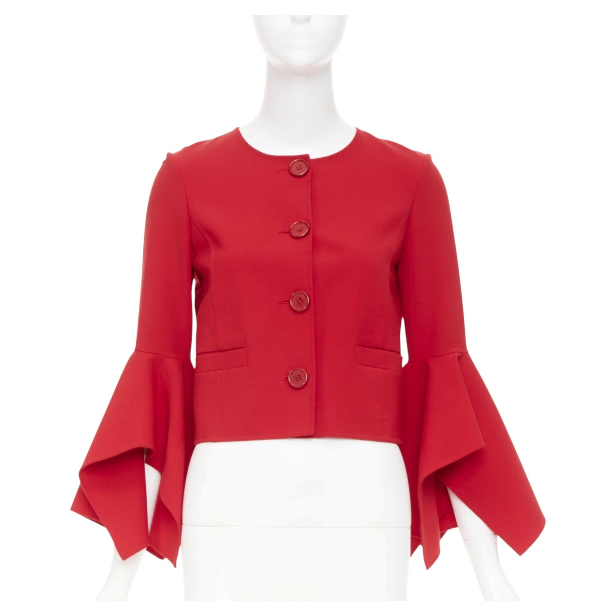 Pre-owned Oscar De La Renta 2018 Flared Ruffle Sleeve Cropped Red Wool Evening Jacket Us0