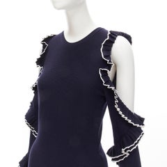 OSCAR DE LA RENTA 2018 navy blue white ruffle cold shoulder knit midi dress S
