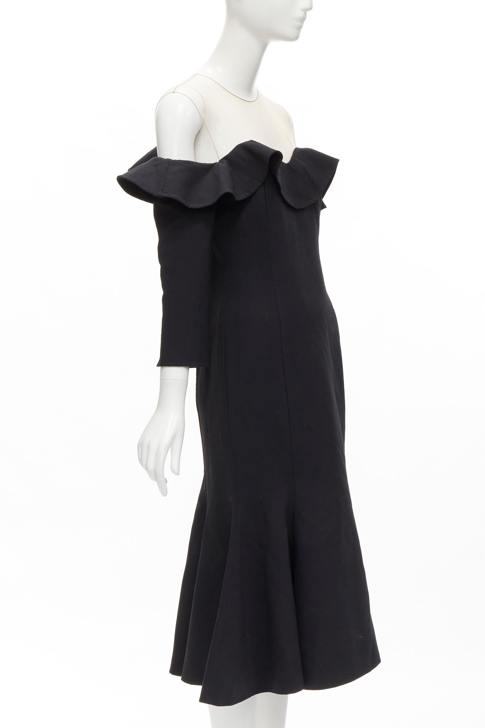 Black OSCAR DE LA RENTA 2018 sheer yoke ruffle off shoulder flute skirt dress US6 S For Sale