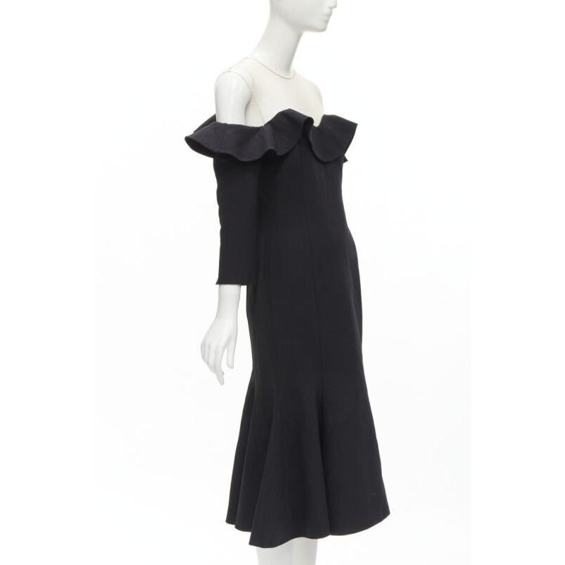 Black OSCAR DE LA RENTA 2018 sheer yoke ruffle off shoulder flute skirt dress US6 S For Sale