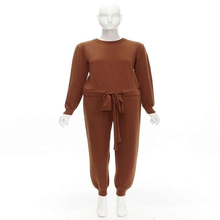 OSCAR DE LA RENTA 2019 100% virgin wool brown drawstring knitted jumpsuit S For Sale 5