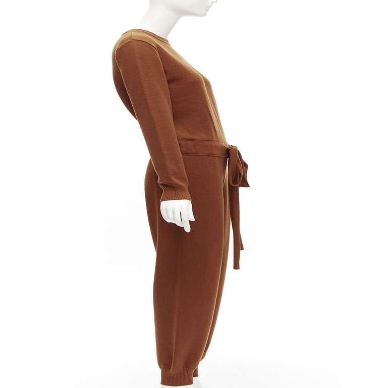 Brown OSCAR DE LA RENTA 2019 100% virgin wool brown drawstring knitted jumpsuit S For Sale