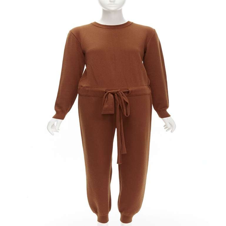 OSCAR DE LA RENTA 2019 100% virgin wool brown drawstring knitted jumpsuit S For Sale