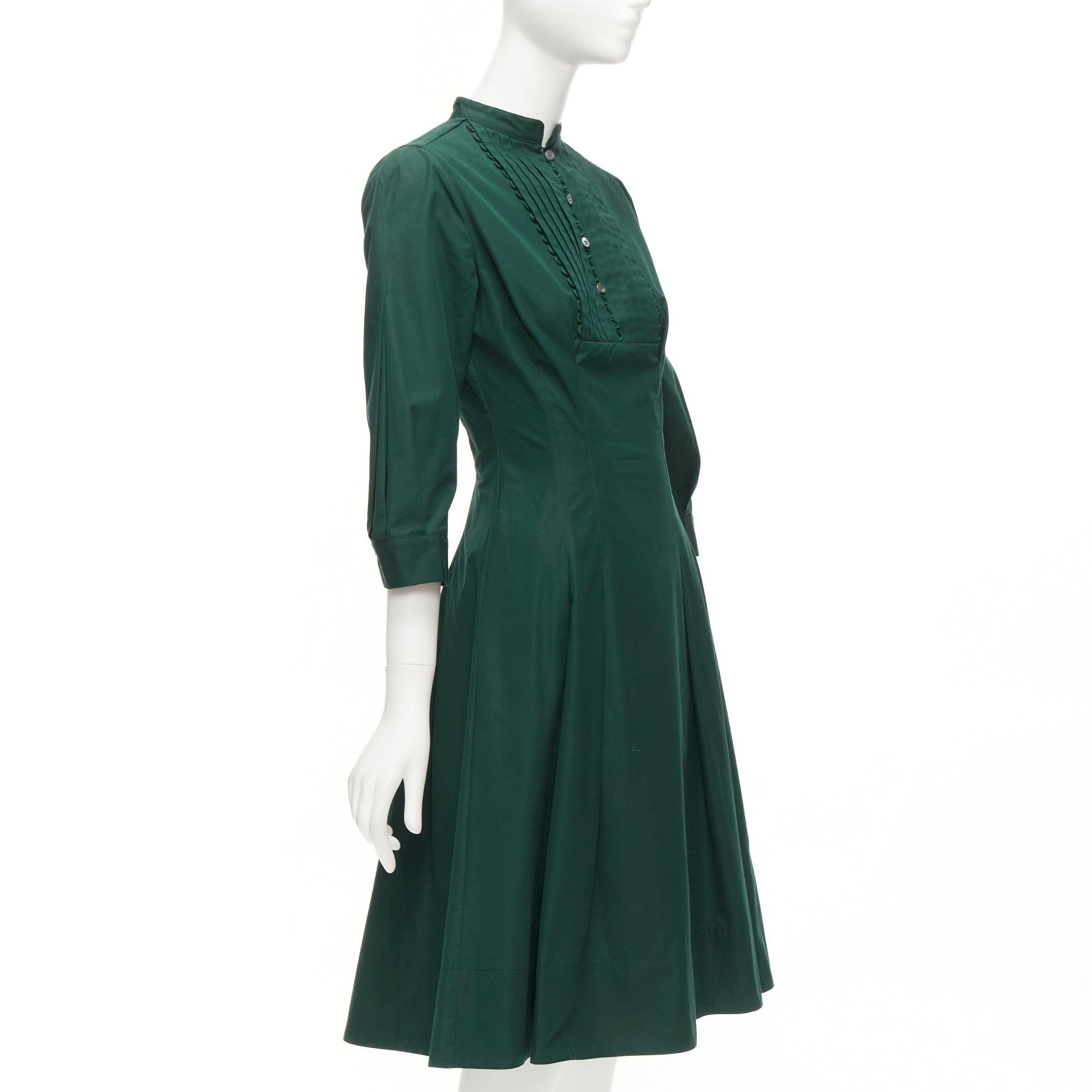 Black OSCAR DE LA RENTA 2019 green cotton frill trim pleated midi shirt dress US0 XS For Sale