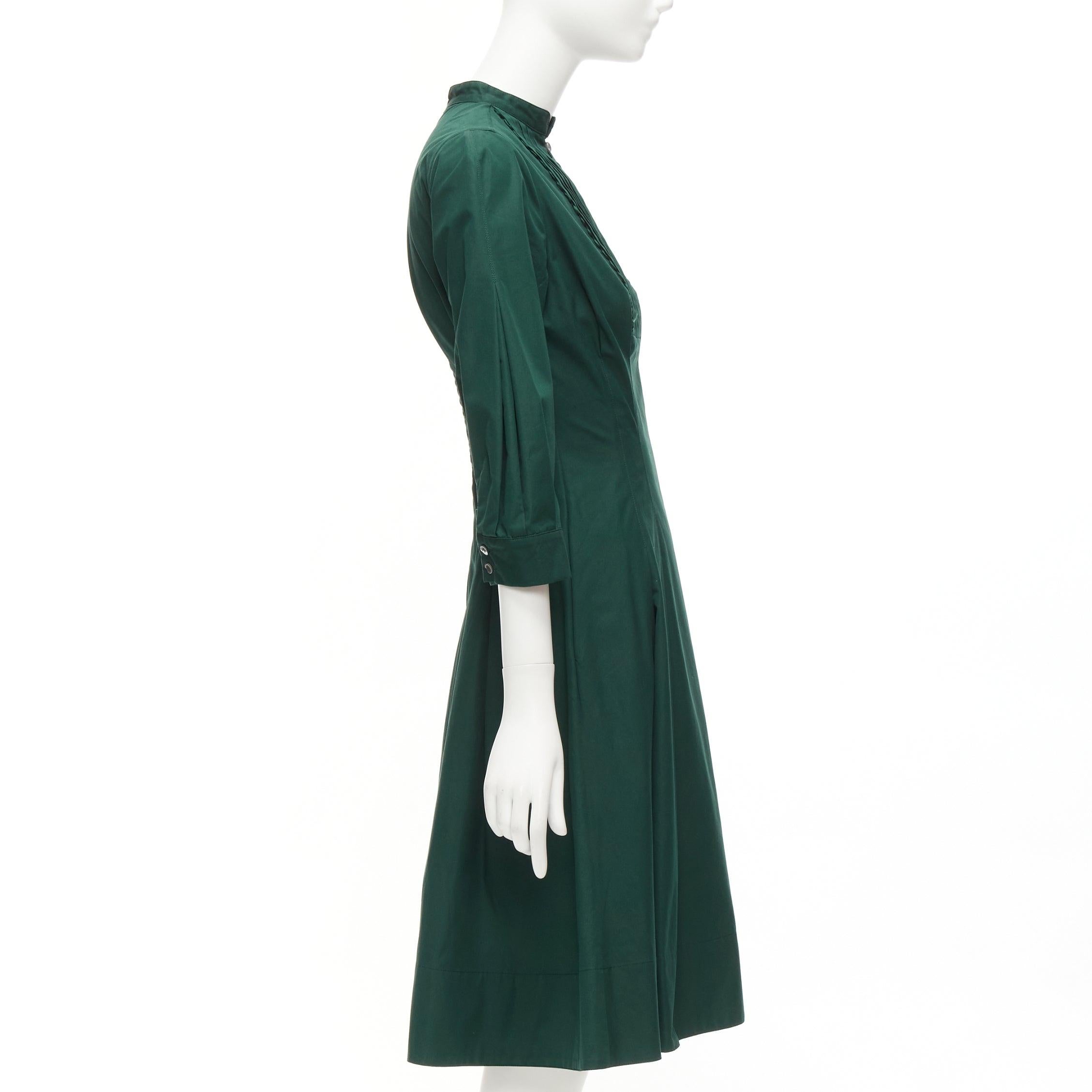 Women's OSCAR DE LA RENTA 2019 green cotton frill trim pleated midi shirt dress US0 XS For Sale