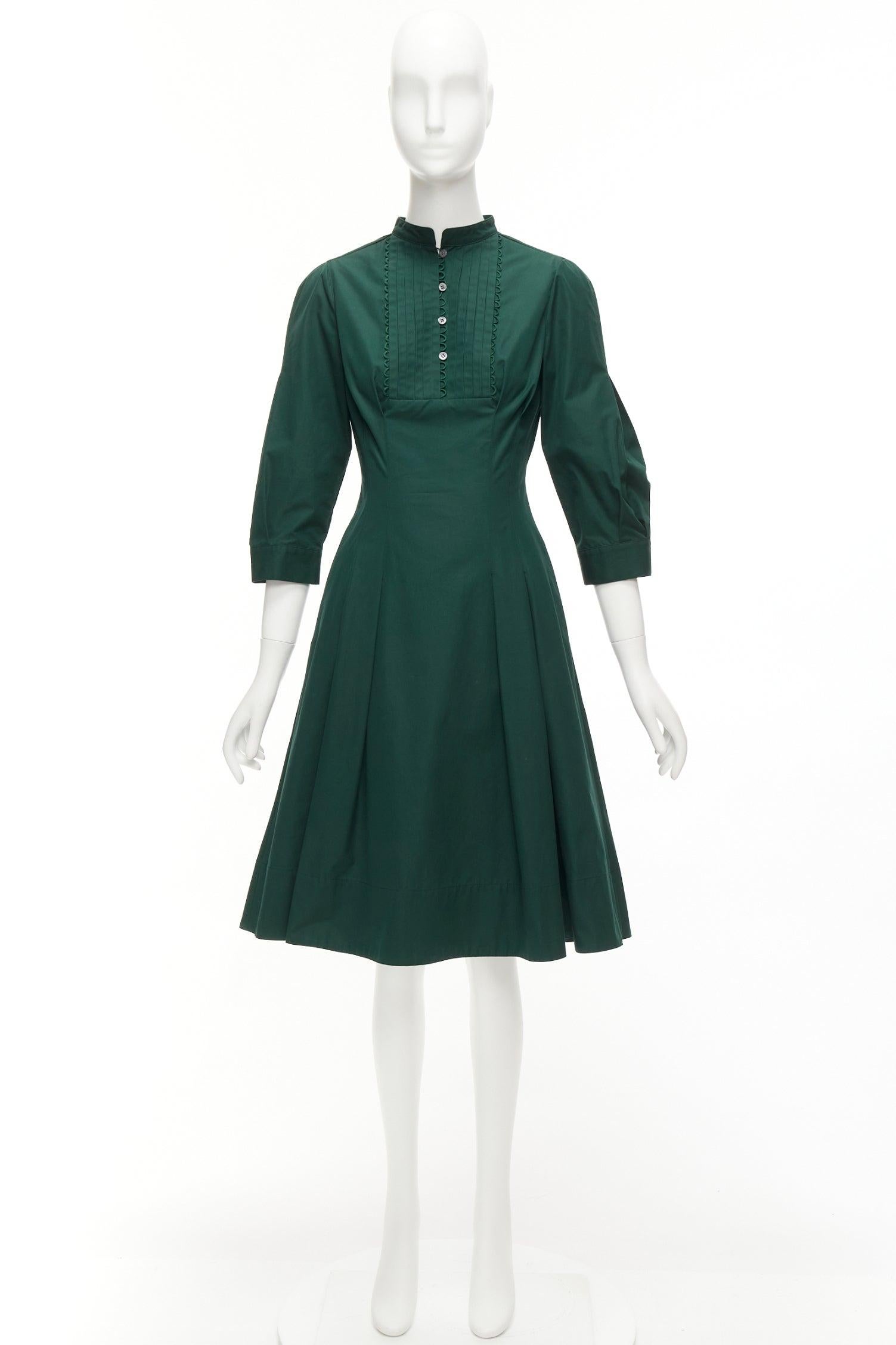 OSCAR DE LA RENTA 2019 - Robe chemise midi plissée en coton vert avec bordure à franges US0 XS en vente 6