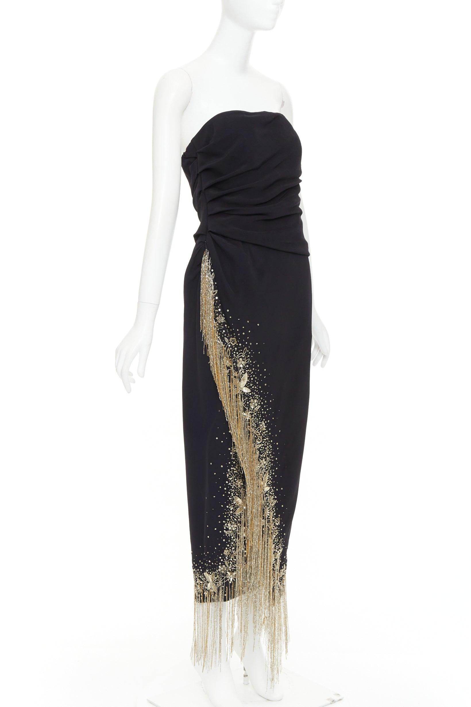 Black OSCAR DE LA RENTA 2019 Runway gold sequin fringe strapless midi dress US8 L For Sale