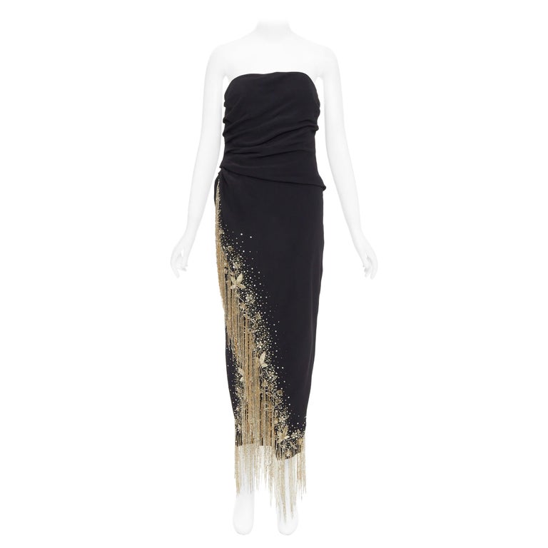 OSCAR DE LA RENTA 2019 Runway gold sequin fringe strapless midi dress US8 L  For Sale at 1stDibs