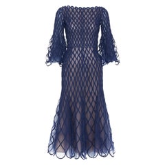 OSCAR DE LA RENTA 2019 Runway navy ribbon lattice caged midi dress
