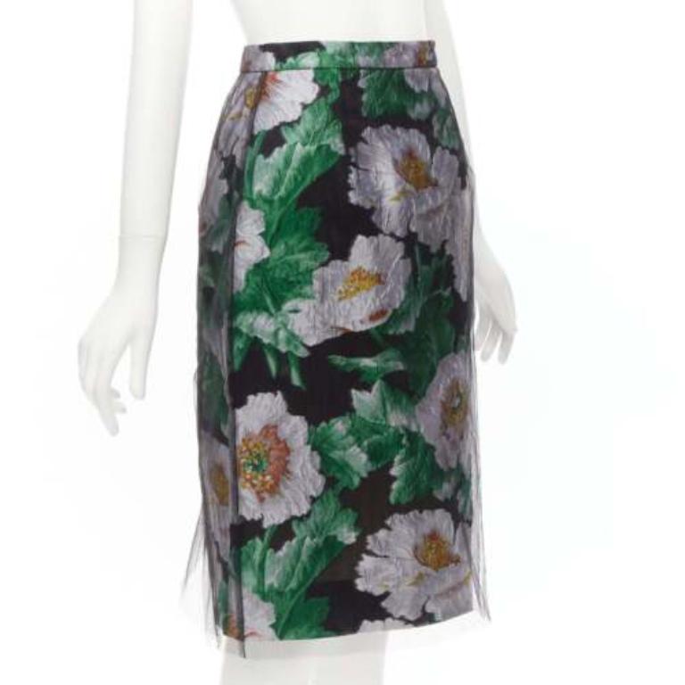 Gris OSCAR DE LA RENTA 2020 jupe en jacquard floral vert à superposition de tulle noir US0 XS en vente