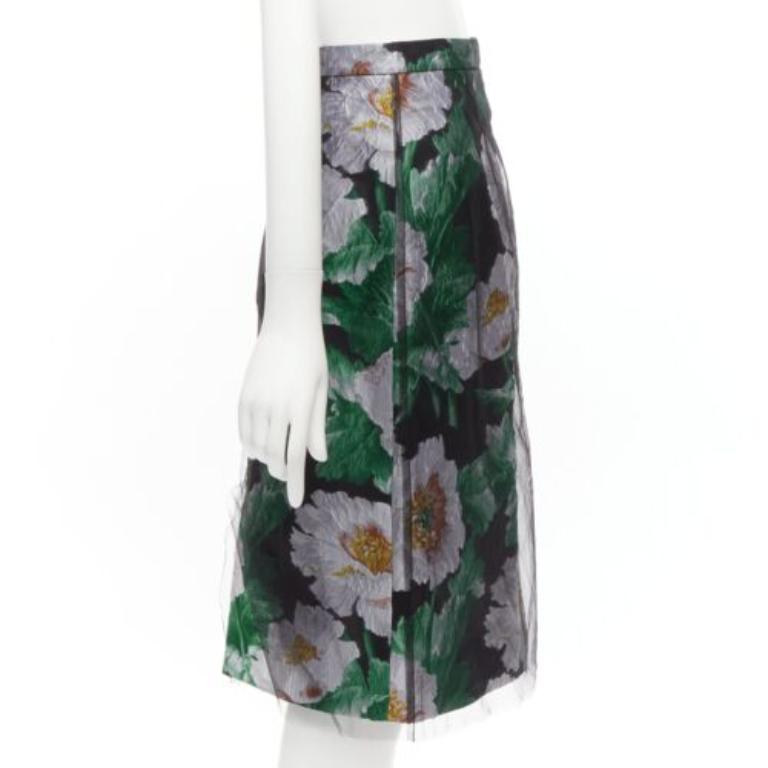 OSCAR DE LA RENTA 2020 jupe en jacquard floral vert à superposition de tulle noir US0 XS Pour femmes en vente