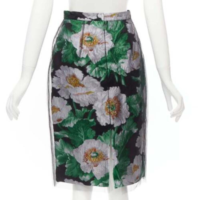 OSCAR DE LA RENTA 2020 jupe en jacquard floral vert à superposition de tulle noir US0 XS en vente 1