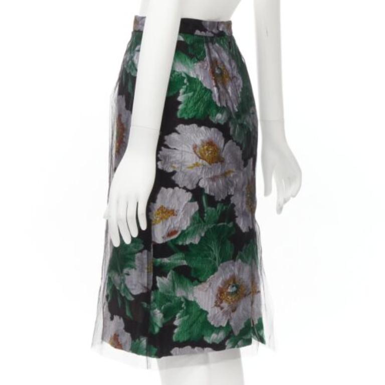 OSCAR DE LA RENTA 2020 jupe en jacquard floral vert à superposition de tulle noir US0 XS en vente 2