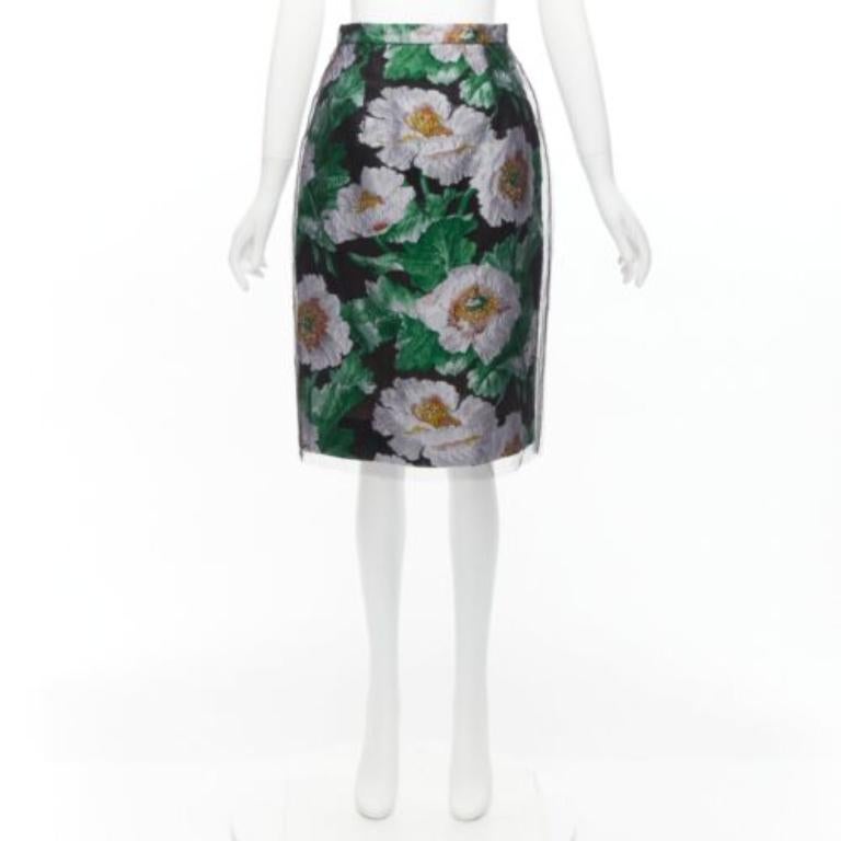 OSCAR DE LA RENTA 2020 jupe en jacquard floral vert à superposition de tulle noir US0 XS en vente 5