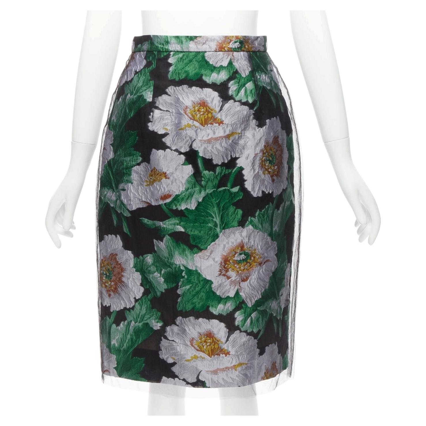 OSCAR DE LA RENTA 2020 black tulle overlay green floral jacquard skirt US0 XS