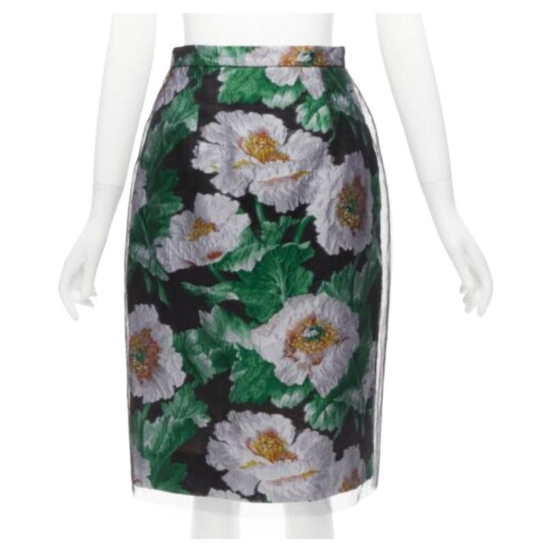 OSCAR DE LA RENTA 2020 jupe en jacquard floral vert à superposition de tulle noir US0 XS