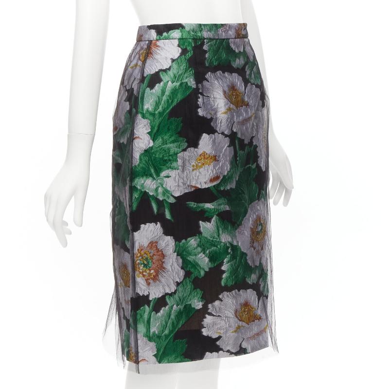 Black OSCAR DE LA RENTA 2020 black tulle overlay grey floral jacquard skirt US0 XS For Sale