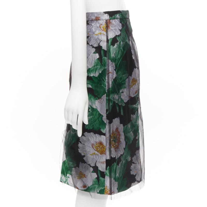 Women's OSCAR DE LA RENTA 2020 black tulle overlay grey floral jacquard skirt US0 XS For Sale
