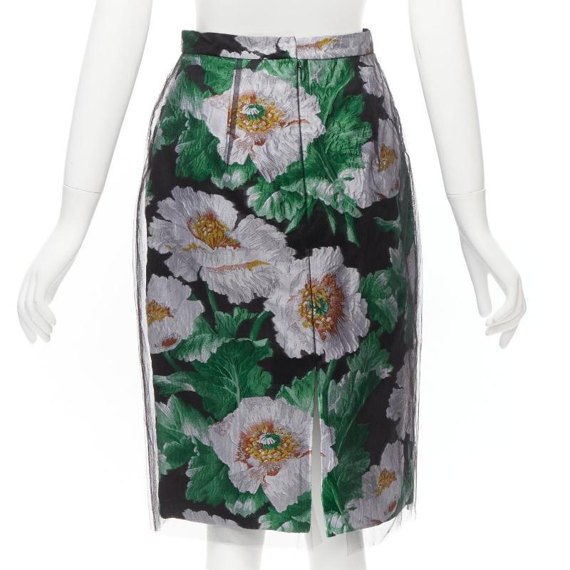 OSCAR DE LA RENTA 2020 black tulle overlay grey floral jacquard skirt US0 XS For Sale 1