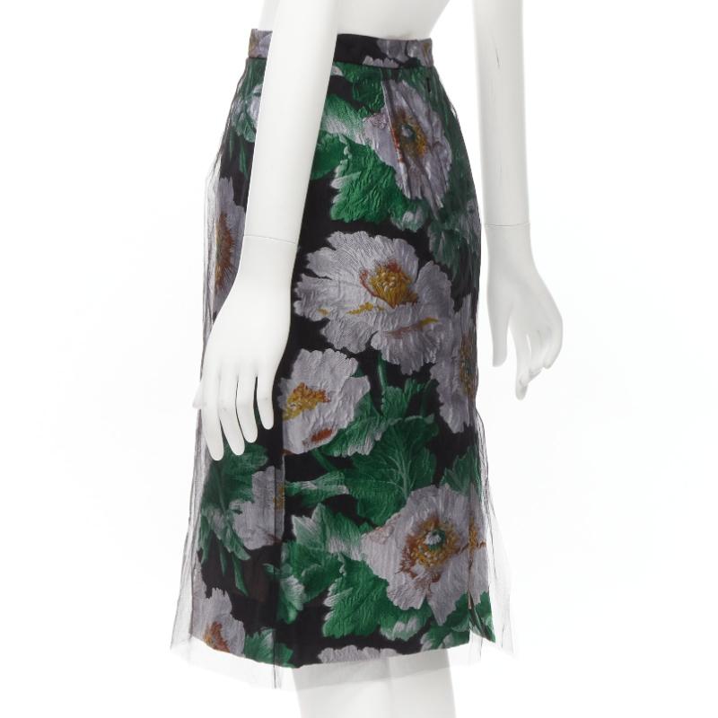 OSCAR DE LA RENTA 2020 black tulle overlay grey floral jacquard skirt US0 XS For Sale 2