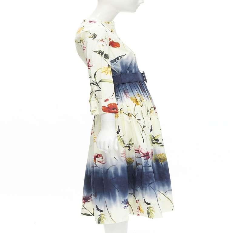 OSCAR DE LA RENTA 2021 cream floral ombre 3/4 sleeves belted shirt dress US0 XS 1