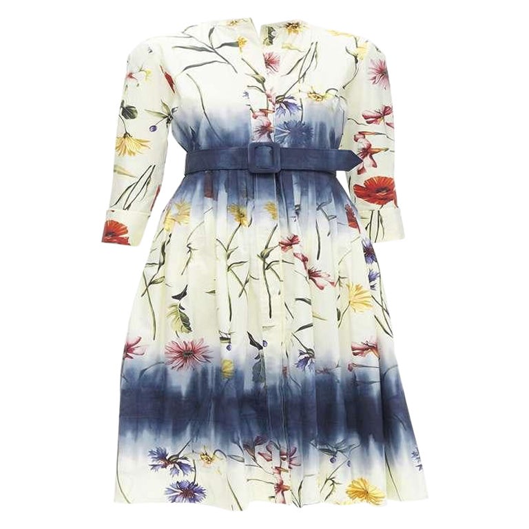 OSCAR DE LA RENTA 2021 cream floral ombre 3/4 sleeves belted shirt dress US0 XS