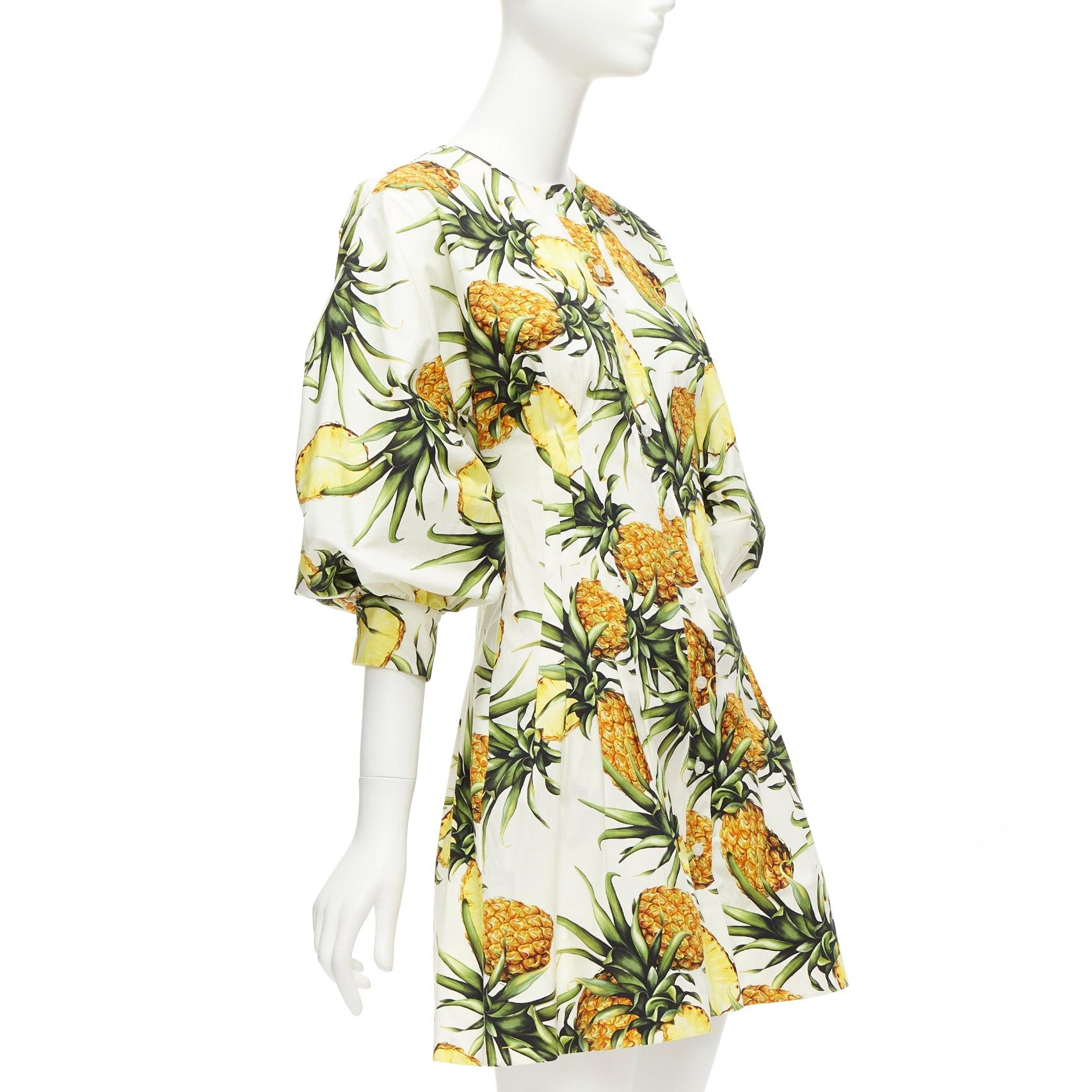 Women's OSCAR DE LA RENTA 2021 yellow white pineapple print puff sleeve dress US2 S For Sale