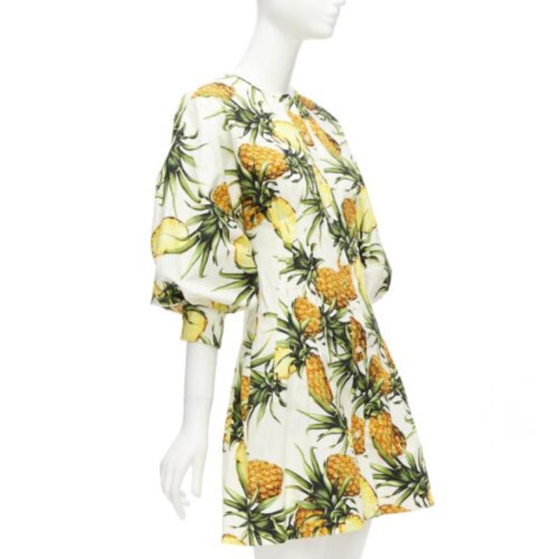 Beige OSCAR DE LA RENTA 2021 yellow white pineapple print puff sleeve dress US2 S For Sale
