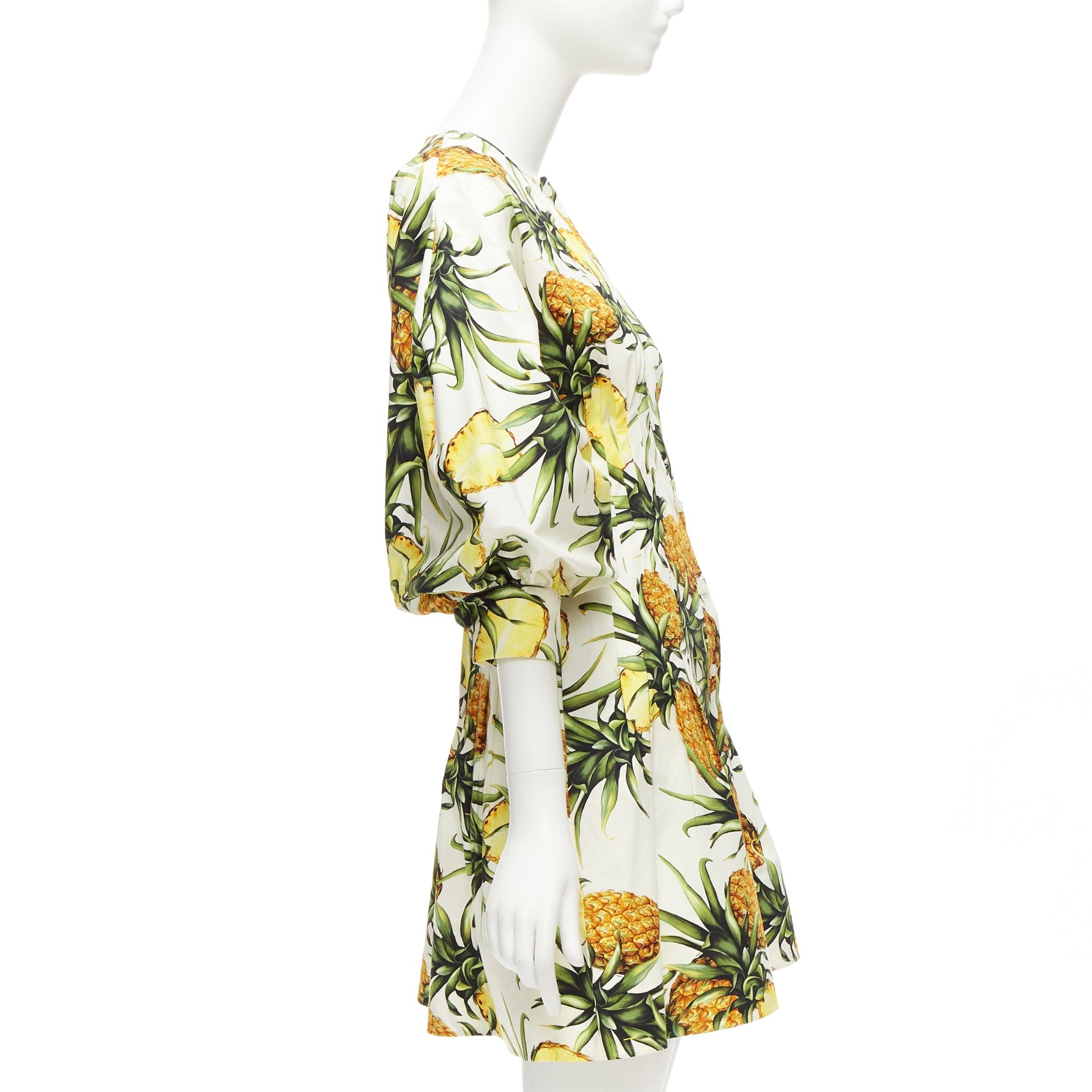 OSCAR DE LA RENTA 2021 yellow white pineapple print puff sleeve dress US2 S For Sale 1