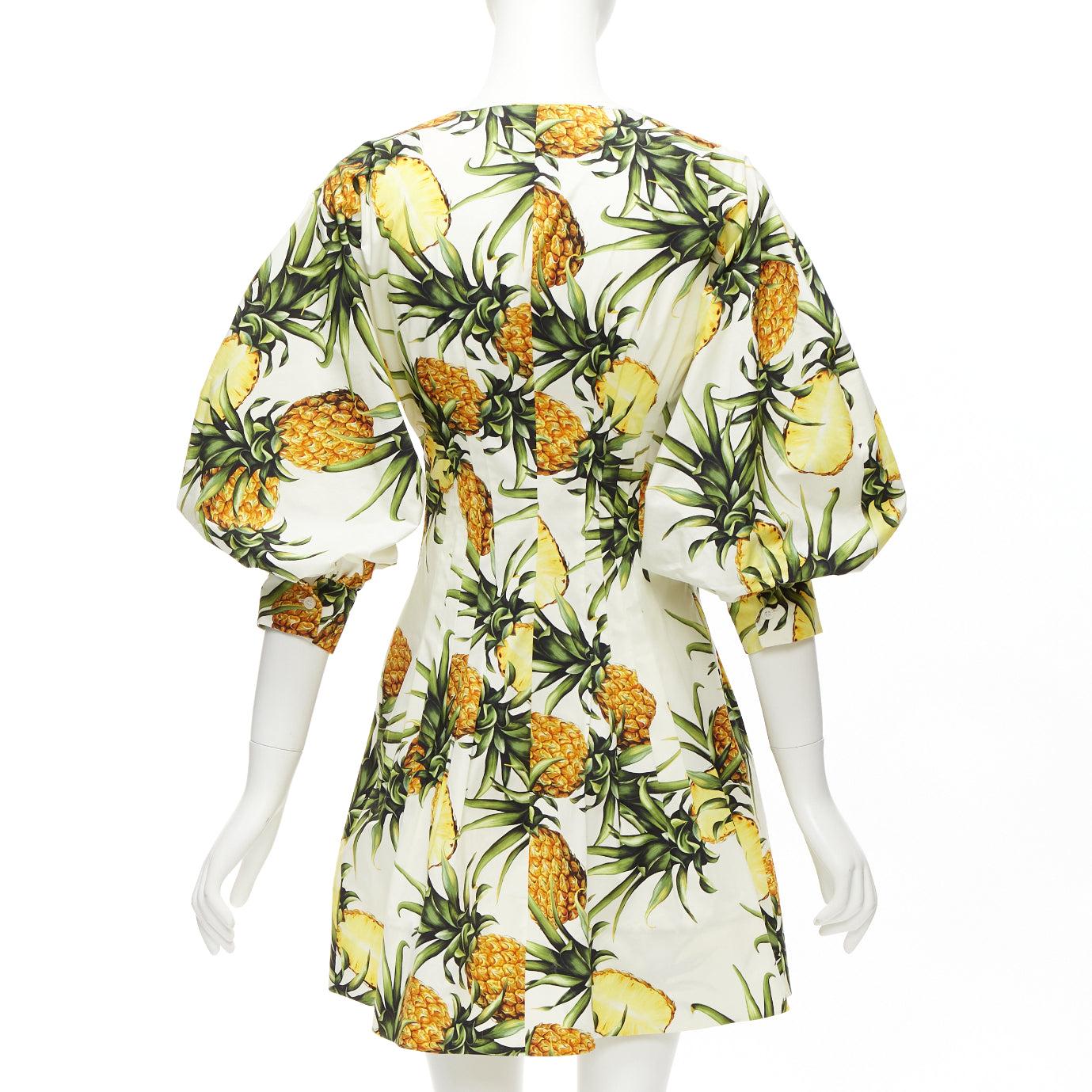 OSCAR DE LA RENTA 2021 jaune blanc robe à manches bouffantes imprimée ananas US2 S en vente 2