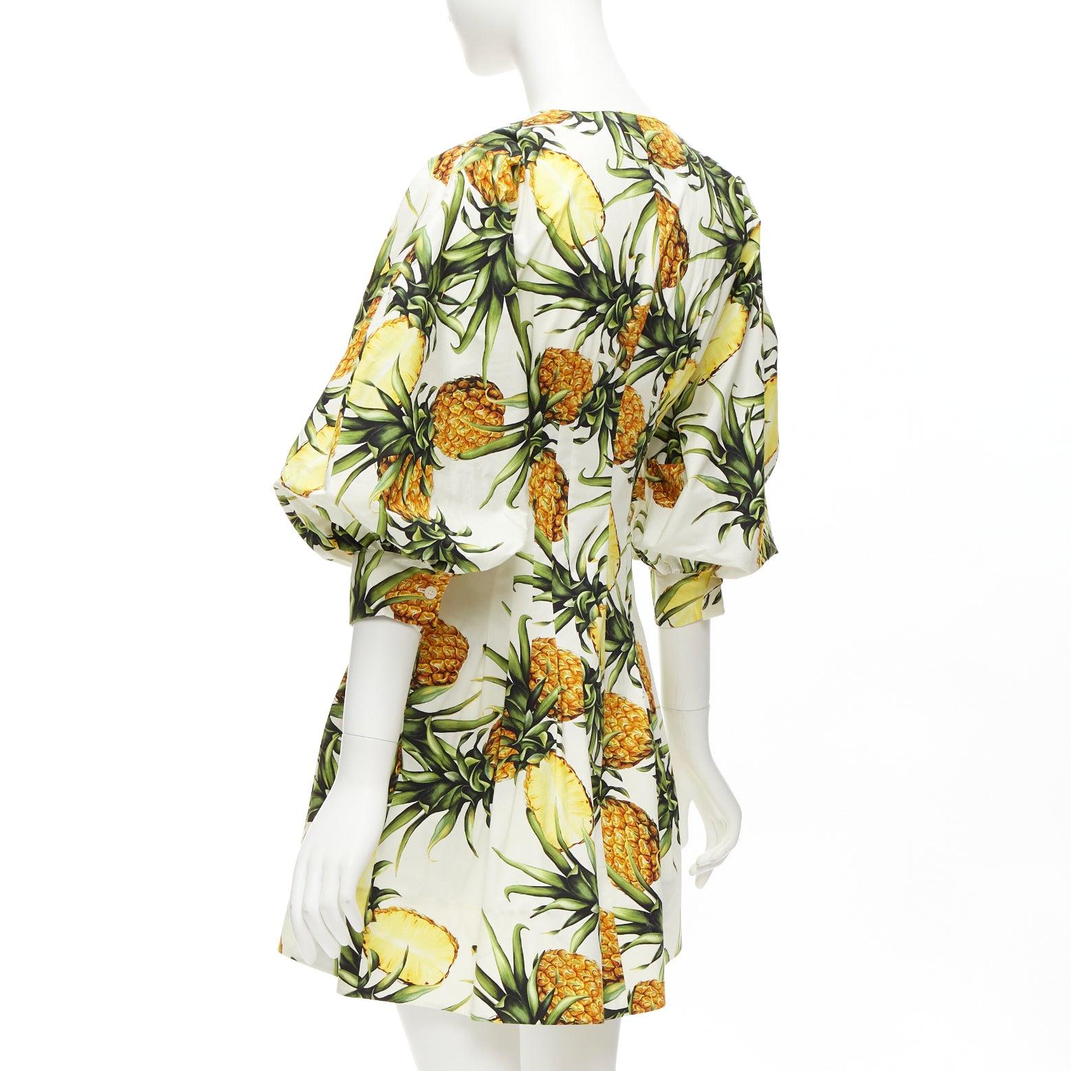OSCAR DE LA RENTA 2021 yellow white pineapple print puff sleeve dress US2 S For Sale 3
