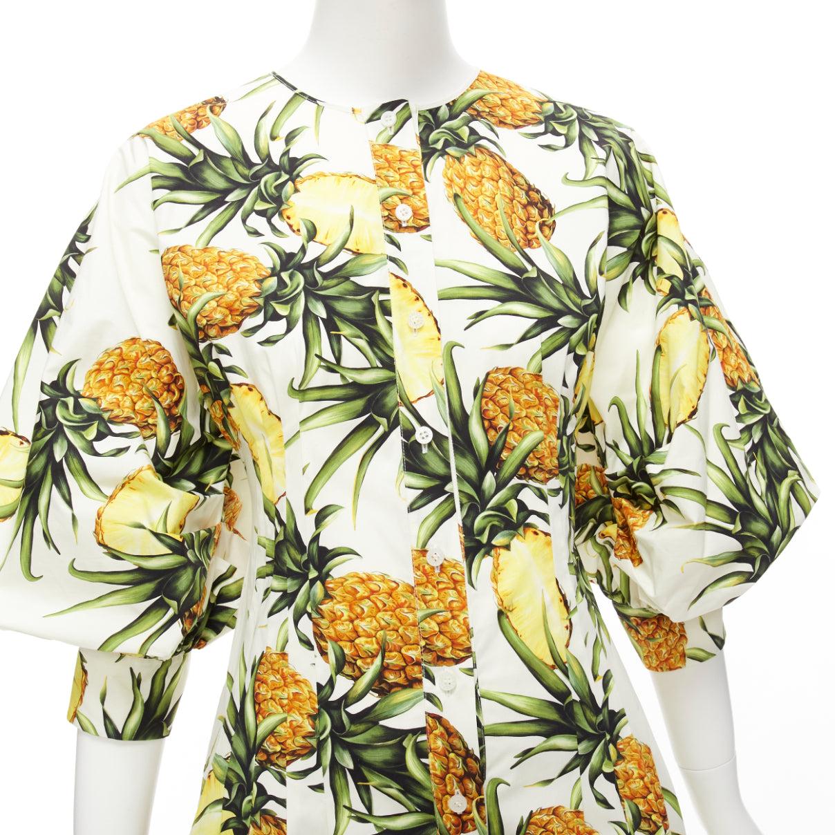 OSCAR DE LA RENTA 2021 yellow white pineapple print puff sleeve dress US2 S For Sale 4