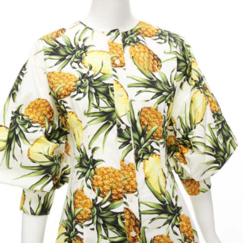 OSCAR DE LA RENTA 2021 yellow white pineapple print puff sleeve dress US2 S For Sale 3