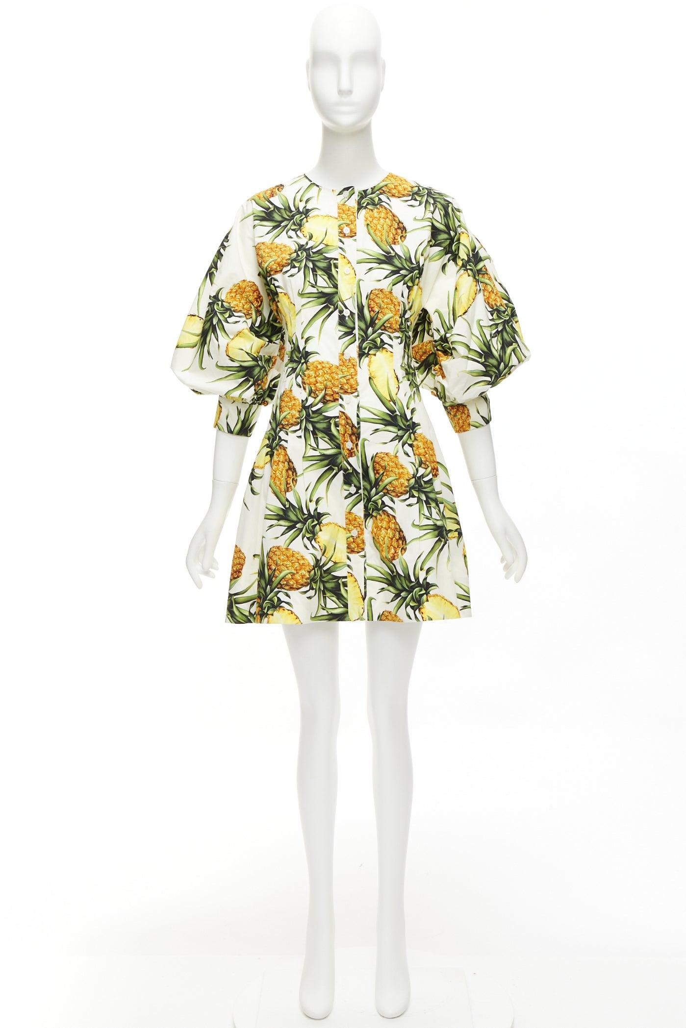 OSCAR DE LA RENTA 2021 yellow white pineapple print puff sleeve dress US2 S For Sale 6