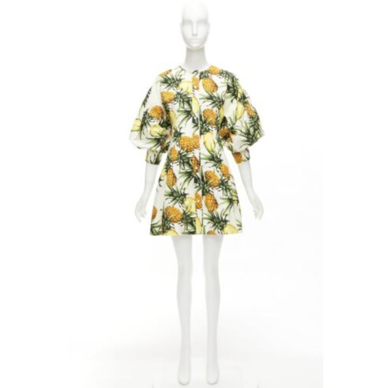 OSCAR DE LA RENTA 2021 yellow white pineapple print puff sleeve dress US2 S For Sale 5