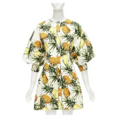 OSCAR DE LA RENTA 2021 yellow white pineapple print puff sleeve dress US2 S