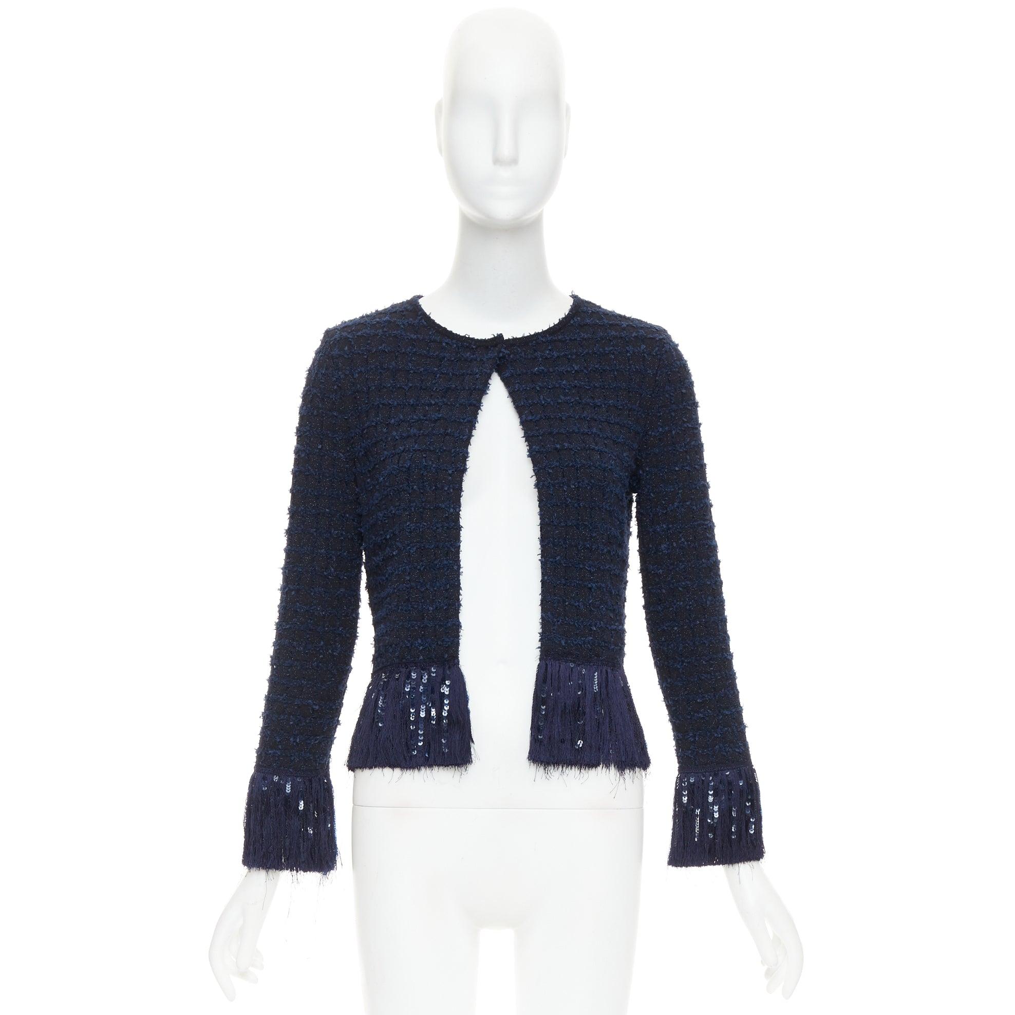 OSCAR DE LA RENTA 2023 navy blue wool tweed sequin fringe hem jacket XS For Sale 6