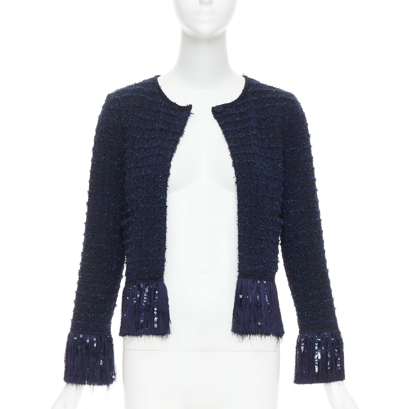 Black OSCAR DE LA RENTA 2023 navy blue wool tweed sequin fringe hem jacket XS For Sale