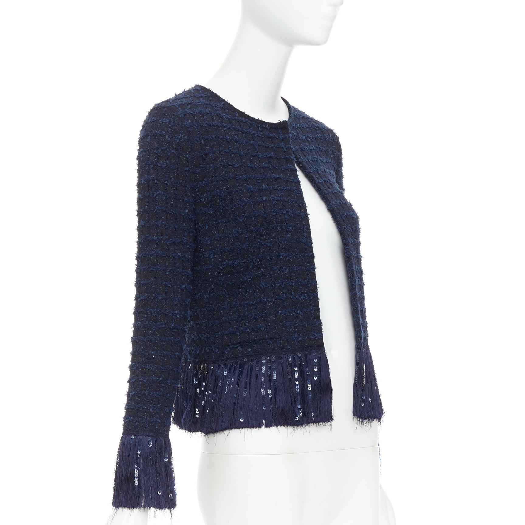 Women's OSCAR DE LA RENTA 2023 navy blue wool tweed sequin fringe hem jacket XS For Sale