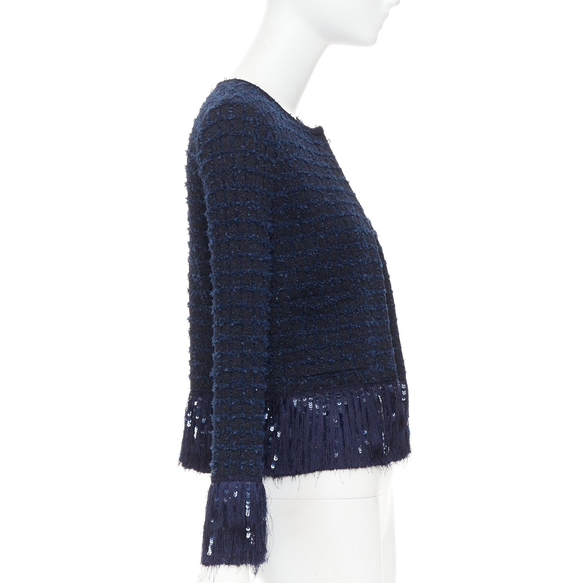 OSCAR DE LA RENTA 2023 navy blue wool tweed sequin fringe hem jacket XS For Sale 1