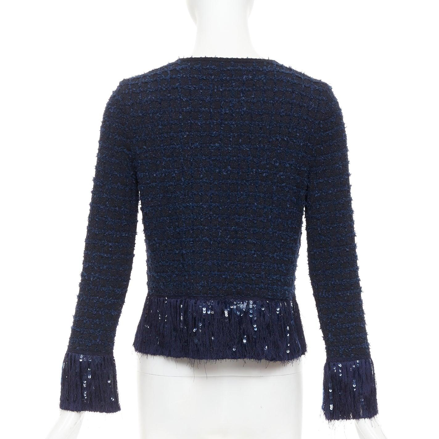 OSCAR DE LA RENTA 2023 navy blue wool tweed sequin fringe hem jacket XS For Sale 2