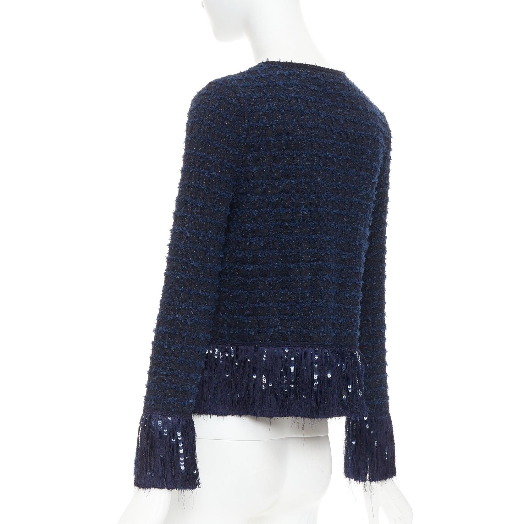 OSCAR DE LA RENTA 2023 navy blue wool tweed sequin fringe hem jacket XS For Sale 3
